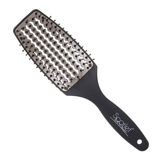 Scarlet Line Professional 7 Rows Medium Air Vent Curved Shape Ball Tip Bristles Flat Hair Styling Brush With Plastic Handle For Men and Women_Black
