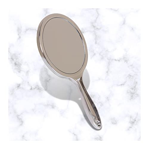 Scarlet Line Professional Series Medium Round Shape Double Sided Magnifying Makeup Hand Mirror with Handle for Men & Women, Silver, 27 x 14.5 x 1 cm