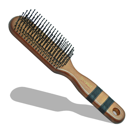 SBX003 Maple Wood Anti Static 7 Row Flat Hair Brush with Anti Slip Rubber Grip Wooden Handle n Ball Tip Nylon Bristles For Styling Brown Flat Hair Brushes Scarlet Line 27X9X5 CM Koki Story